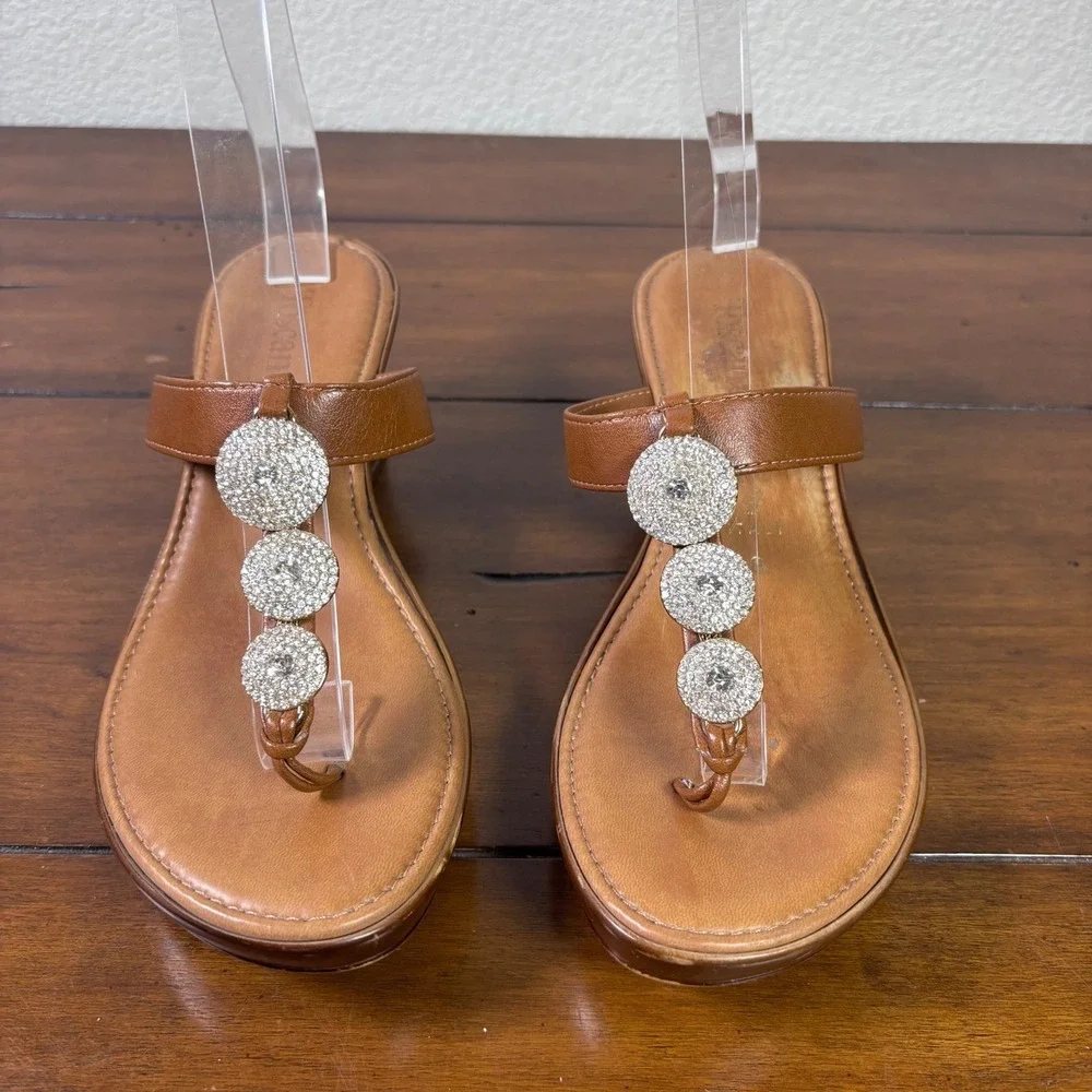 Toscanella Wedge Sandals Womens 8 Brn Leather Crystal Embellished Made in Italy